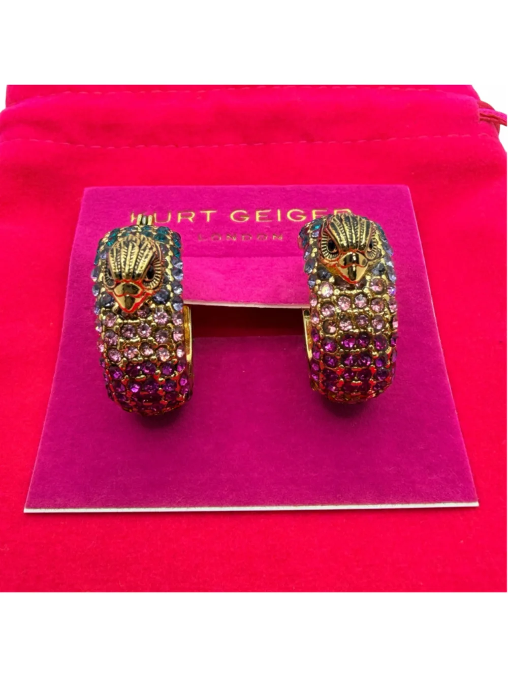Kurt Geiger London Eagle Hoop Earrings Multicolor Crystal Gold Tone NWT